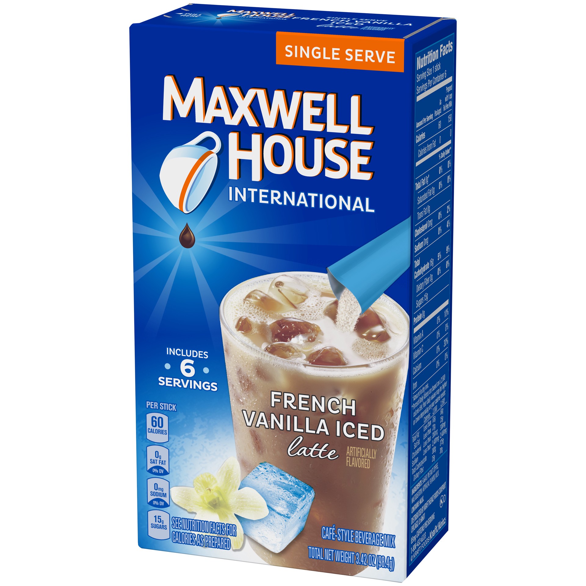 slide 5 of 6, Maxwell House French Vanilla Iced Latte Café-Style Single Serve Instant Coffee Beverage Mix, 6 ct. Sticks, 6 ct