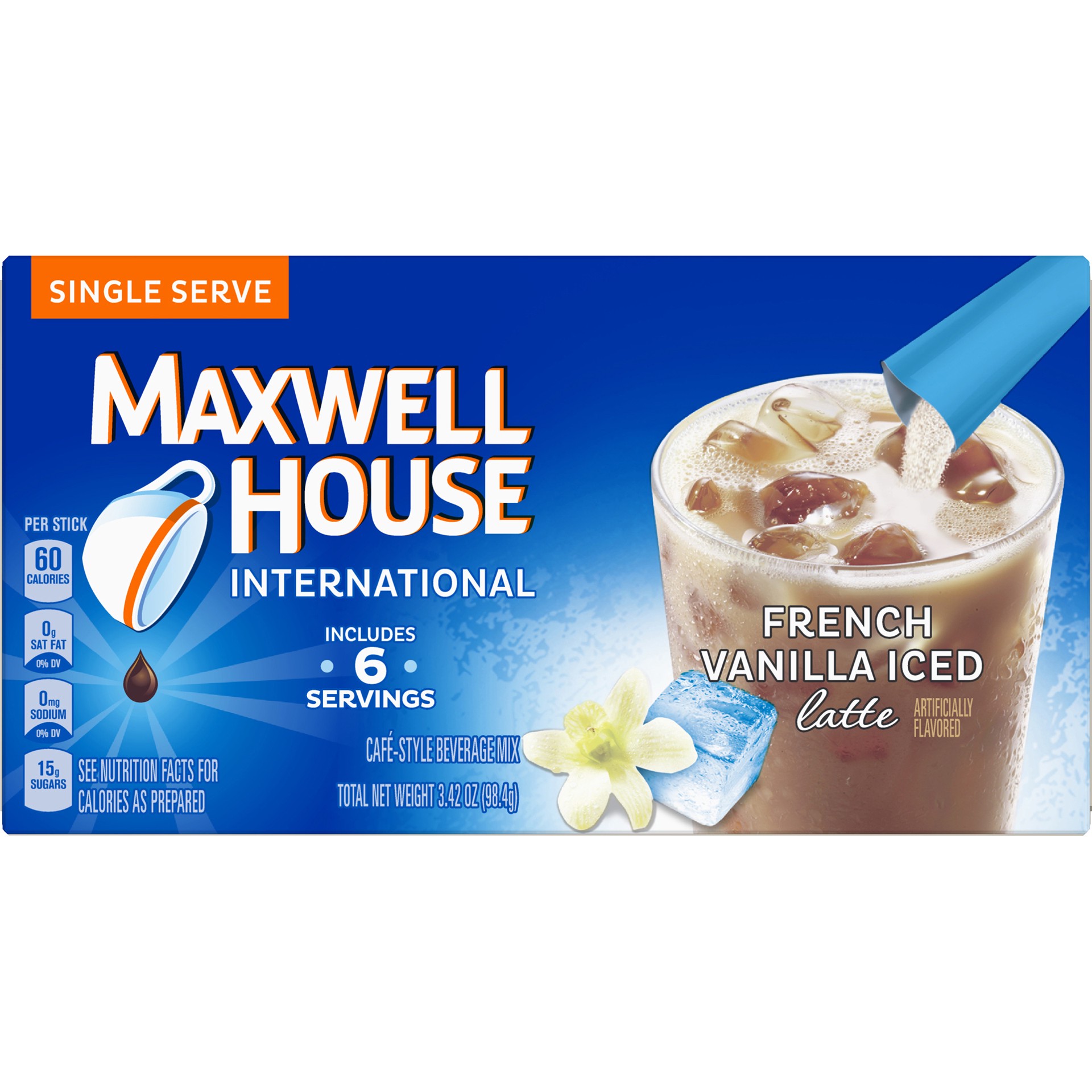 slide 4 of 6, Maxwell House French Vanilla Iced Latte Café-Style Single Serve Instant Coffee Beverage Mix, 6 ct. Sticks, 6 ct