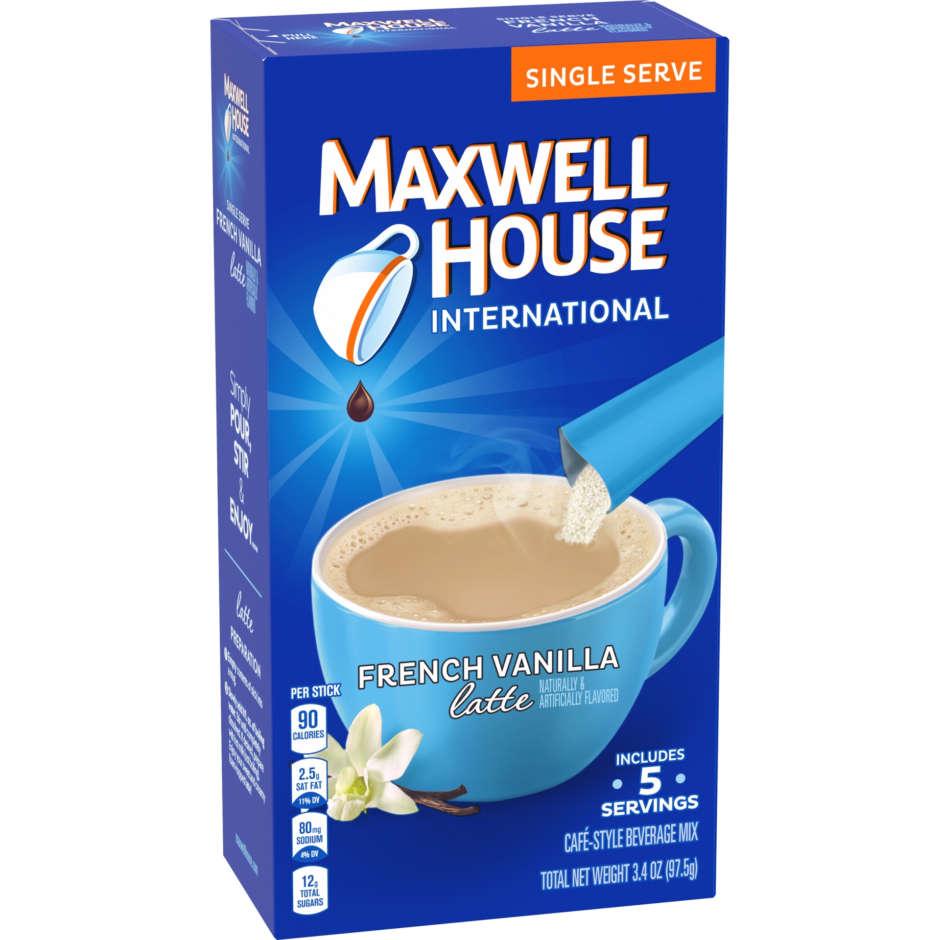 slide 3 of 6, Maxwell House International French Vanilla Latte Cafe-Style Single Serve Instant Coffee Beverage Mix Sticks, 5 ct; 3.4 oz