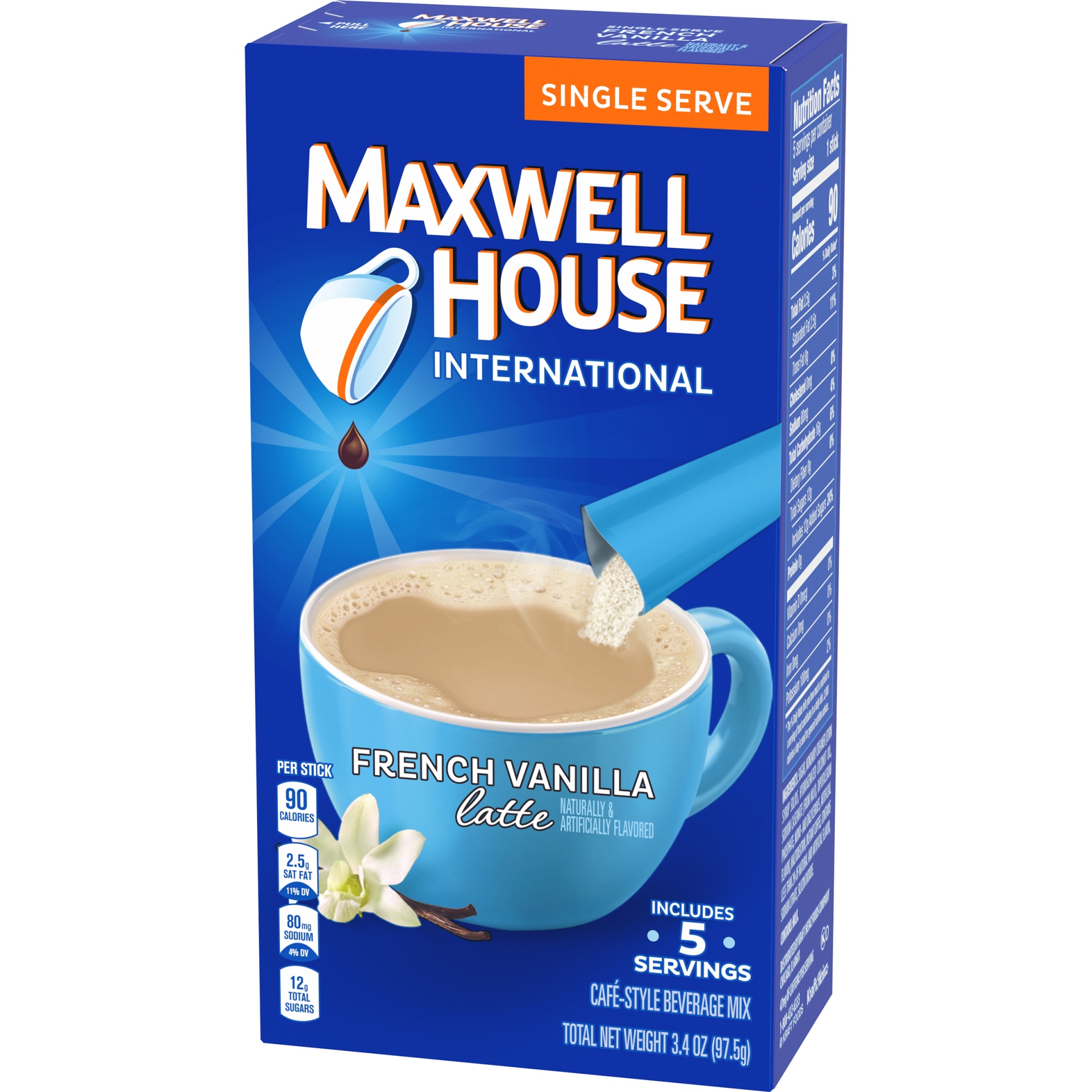 slide 4 of 6, Maxwell House International French Vanilla Latte Cafe-Style Single Serve Instant Coffee Beverage Mix Sticks, 5 ct; 3.4 oz