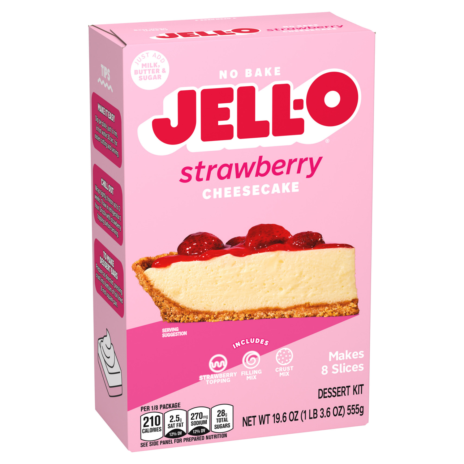 slide 7 of 8, Jell-O No Bake Strawberry Cheesecake Dessert Kit with Strawberry Topping, Filling Mix and Crust Mix, 19.6 oz Box, 19.6 oz