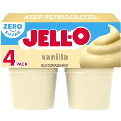 Jell-O Vanilla Artificially Flavored Zero Sugar Ready-to-Eat Pudding Snack Cups, 4 ct Cups
