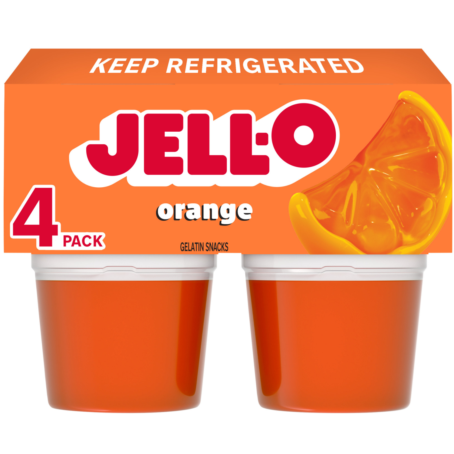 slide 1 of 8, Jell-O Original Orange Artificially Flavored Ready-to-Eat Gelatin Snack Cups, 4 ct Cups, 13.5 oz
