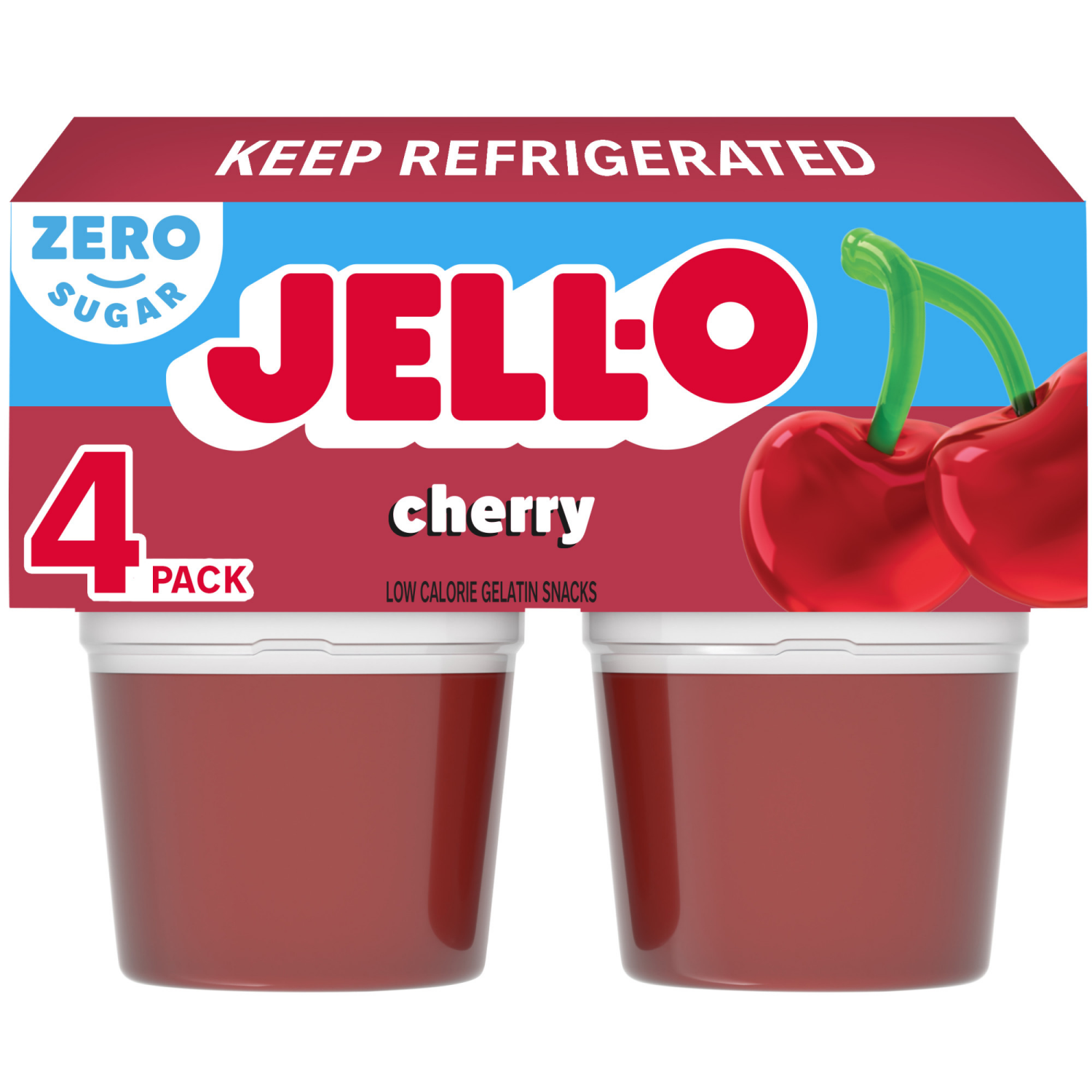 slide 1 of 8, Jell-O Cherry Artificially Flavored Zero Sugar Ready-to-Eat Gelatin Snack Cups, 4 ct Cups, 12.5 oz