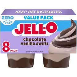 Jell-O Chocolate Vanilla Swirls Artificially Flavored Zero Sugar Ready-to-Eat Pudding Snack Cups Family Size Pack, 8 ct Cups