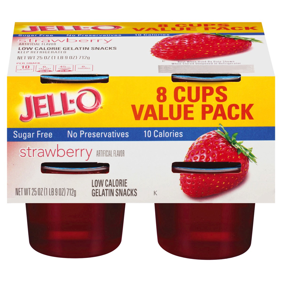 slide 1 of 1, Jell-O Strawberry Artificially Flavored Zero Sugar Ready-to-Eat Gelatin Snack Cups Family Size Pack, 8 ct Cups, 8 ct