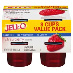 Jell-O Strawberry Artificially Flavored Zero Sugar Ready-to-Eat Gelatin Snack Cups Family Size Pack, 8 ct Cups
