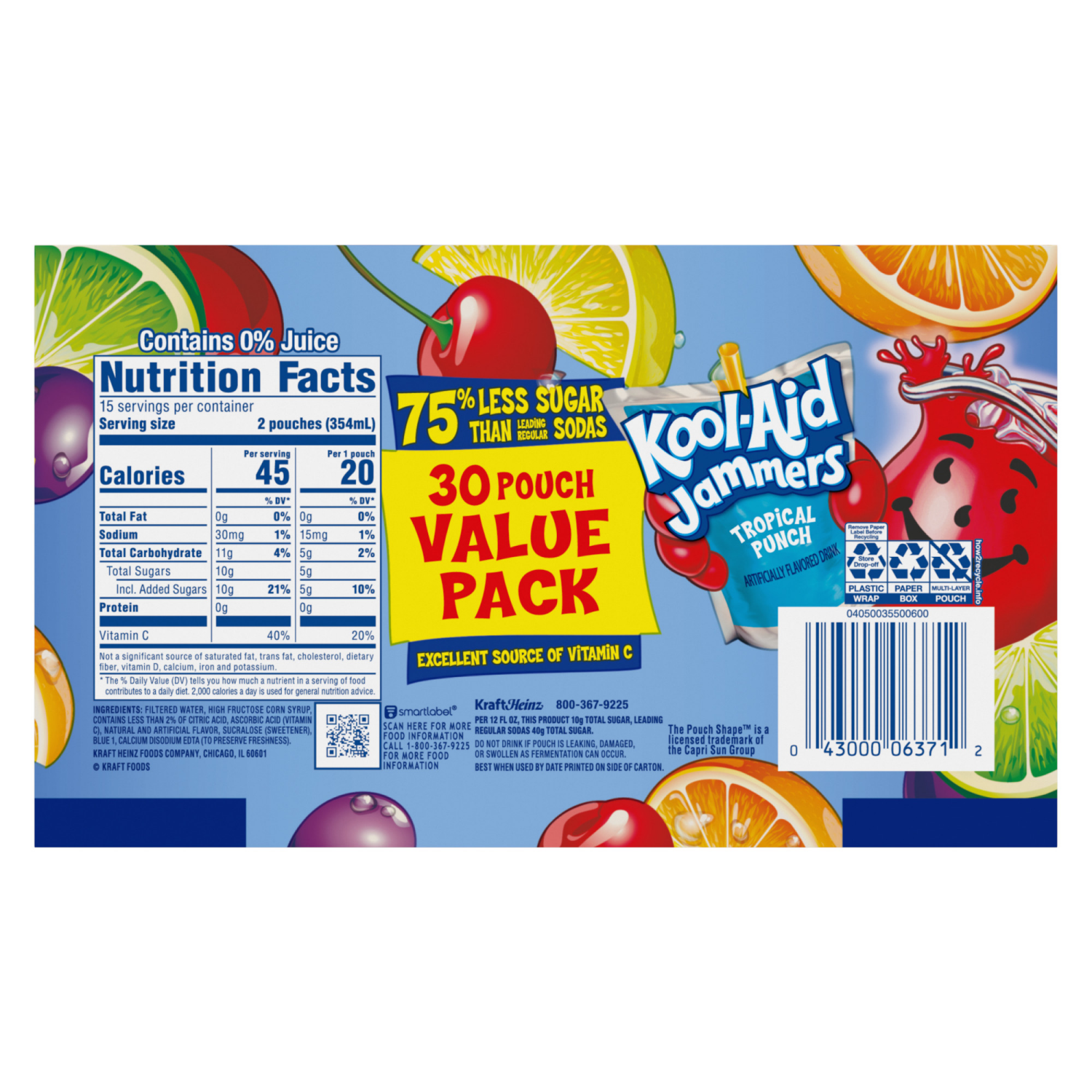 slide 8 of 8, Kool-Aid Jammers Tropical Punch Flavored Drink Value Pack, 30 ct Box, 6 fl oz Pouches, 30 ct