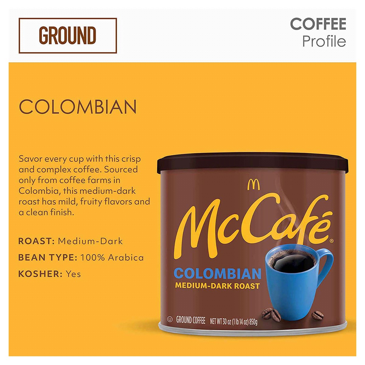 slide 2 of 2, McCafé Colombian, Ground Coffee, Medium Roast, Canned - 30 oz, 30 oz