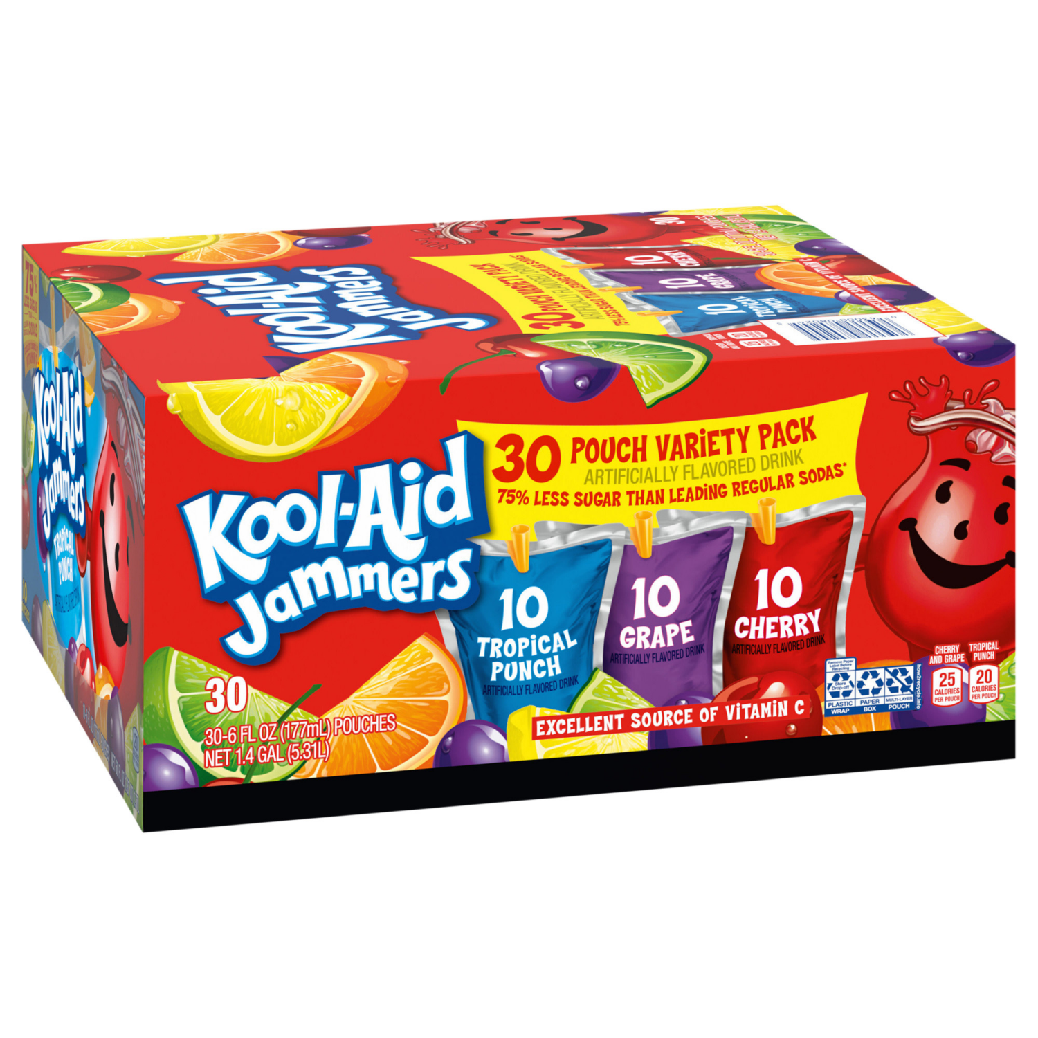 slide 2 of 8, Kool-Aid Jammers Tropical Punch, Grape & Cherry Flavored 0% Juice Drink Variety Pack, 30 ct Box, 6 fl oz Pouches, 30 ct