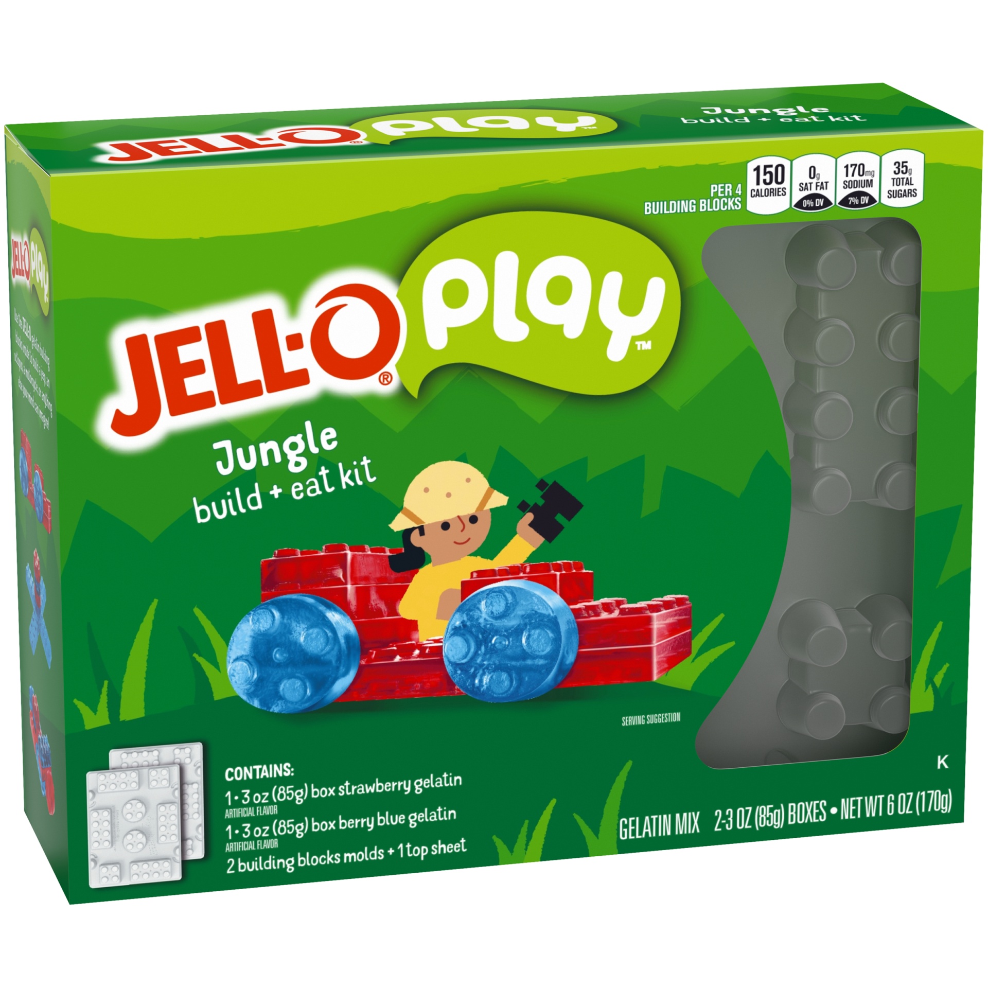 slide 2 of 7, Jell-O Play Jungle Build & Eat Kit with Strawberry & Berry Blue Gelatin Mix, 6 oz