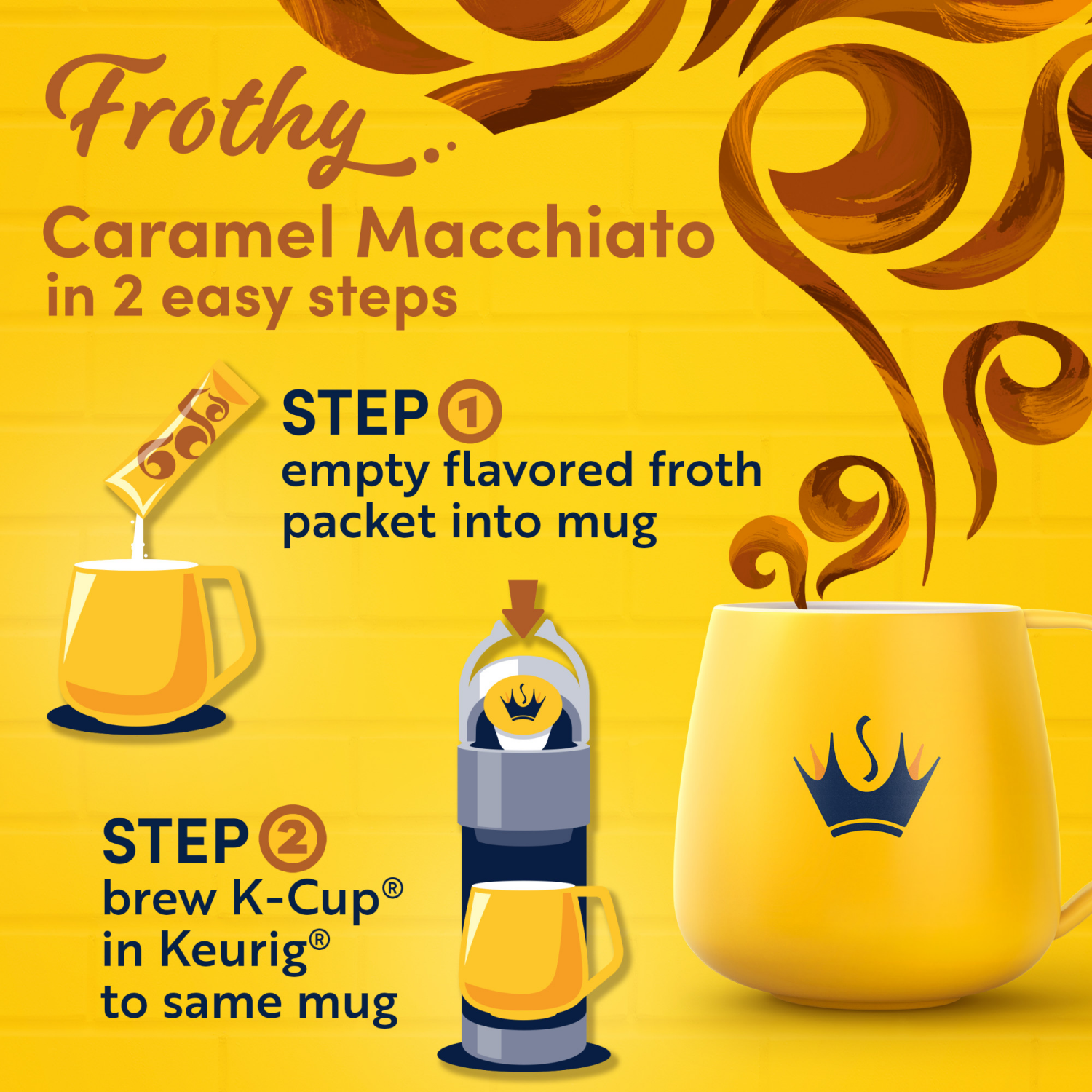 slide 4 of 8, Gevalia Frothy 2-Step Artificially Flavored Caramel Macchiato Espresso Style K-Cup Coffee Pods & Froth Packets Kit, 6 ct Box, 6 ct