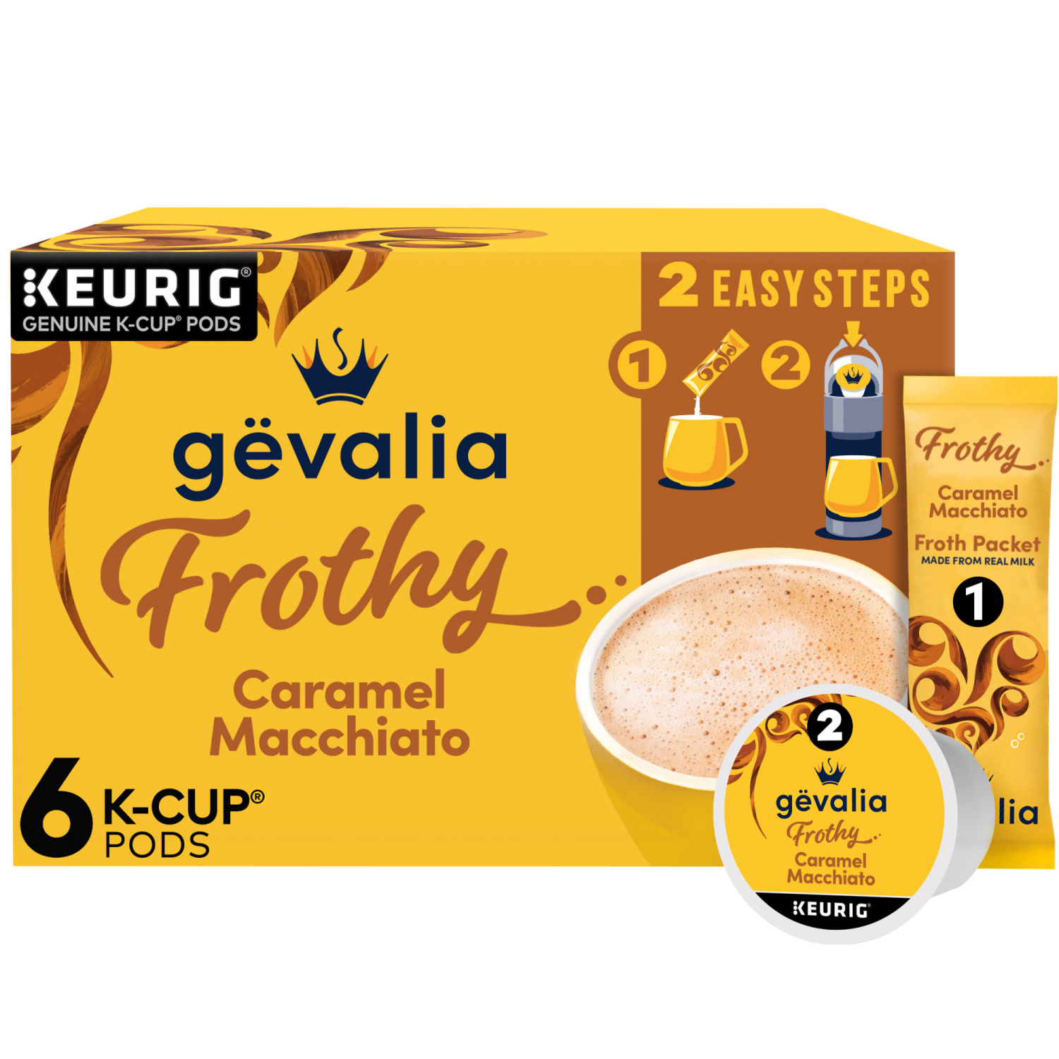 slide 1 of 8, Gevalia Frothy 2-Step Artificially Flavored Caramel Macchiato Espresso Style K-Cup Coffee Pods & Froth Packets Kit, 6 ct Box, 6 ct