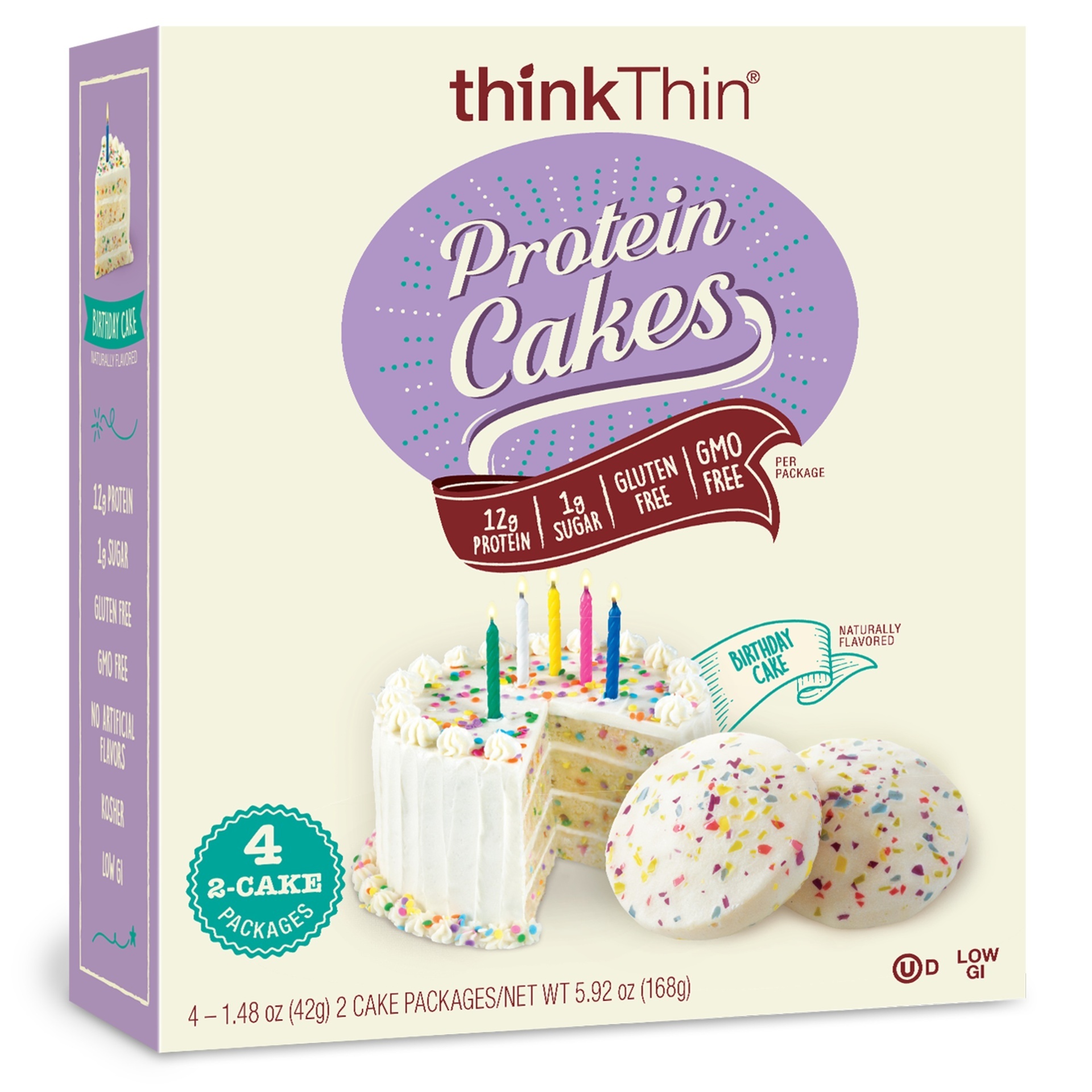 slide 1 of 3, thinkThin Birthday Cake Flavored Protein Cakes, 5.92 oz