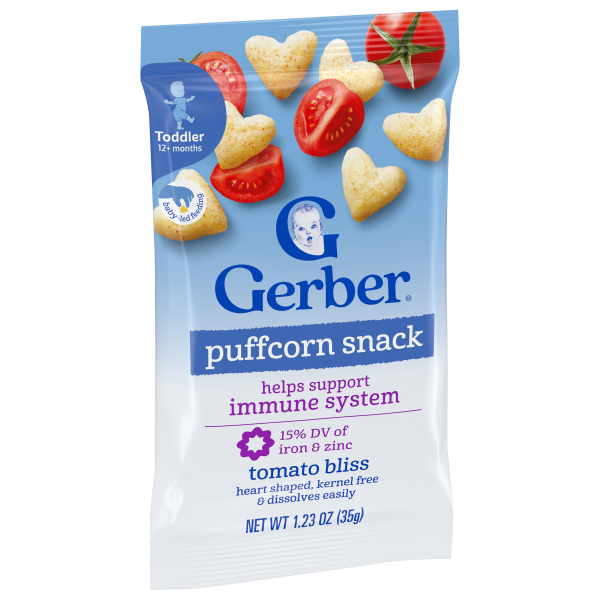 slide 21 of 29, Gerber Toddler Snacks, Tomato Bliss Puffcorn Snack, Kernel Free, Toddler Food, 1.23 oz