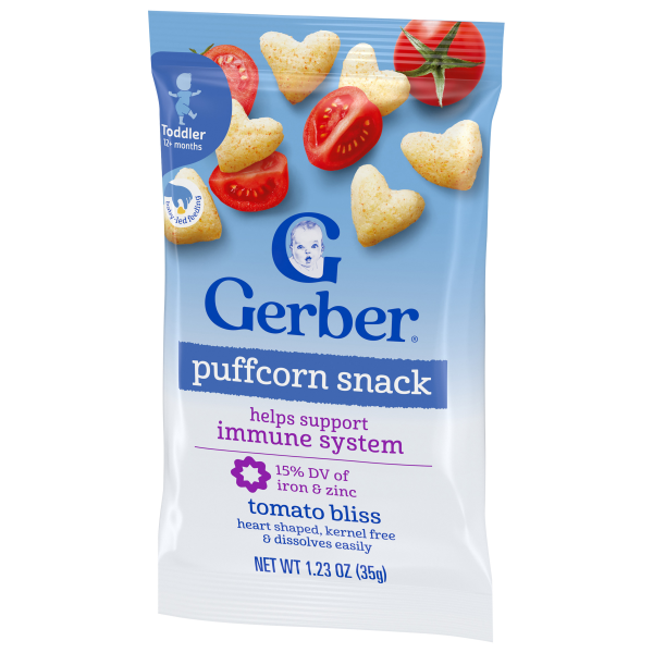 slide 6 of 29, Gerber Toddler Snacks, Tomato Bliss Puffcorn Snack, Kernel Free, Toddler Food, 1.23 oz