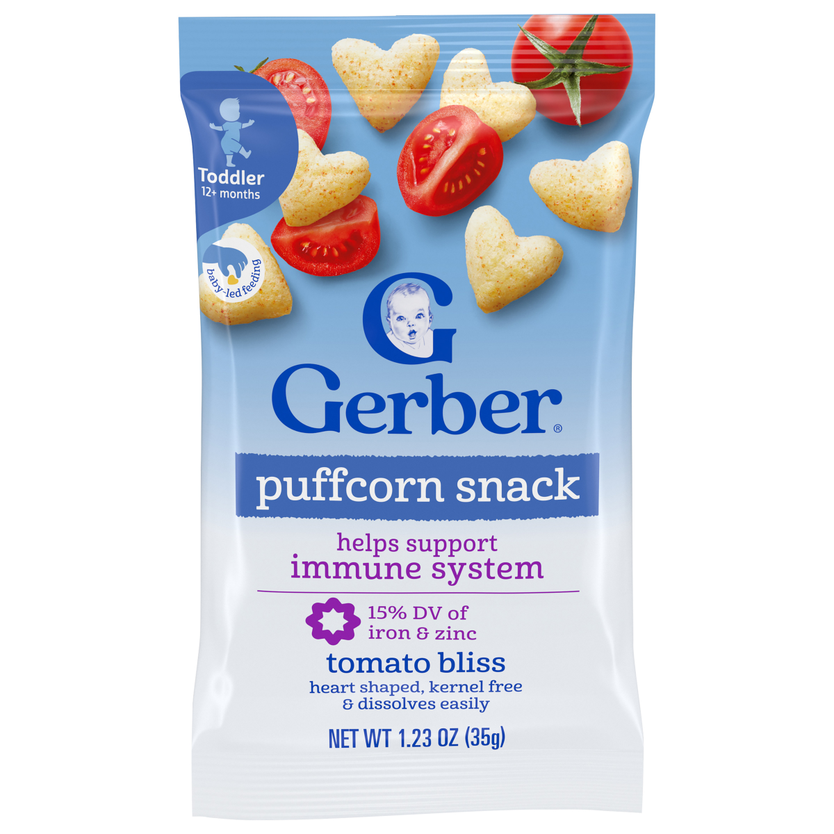 slide 1 of 29, Gerber Toddler Snacks, Tomato Bliss Puffcorn Snack, Kernel Free, Toddler Food, 1.23 oz