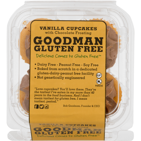 slide 1 of 1, Vanilla Cupcakes With Chocolate Frosting, Gluten Free, 4 Pack, 10 oz