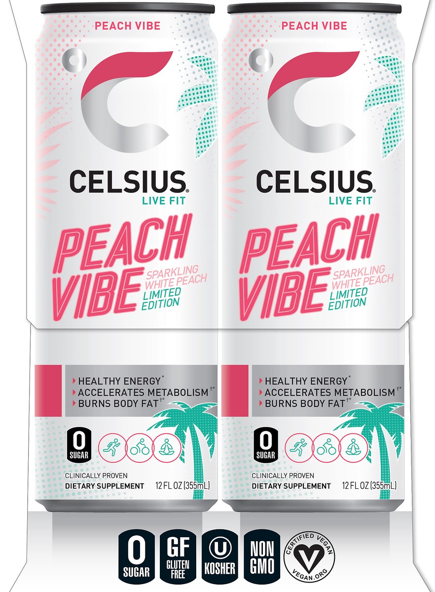slide 5 of 7, CELSIUS Sparkling Peach Vibe Energy Drink, 4 ct; 12 fl oz