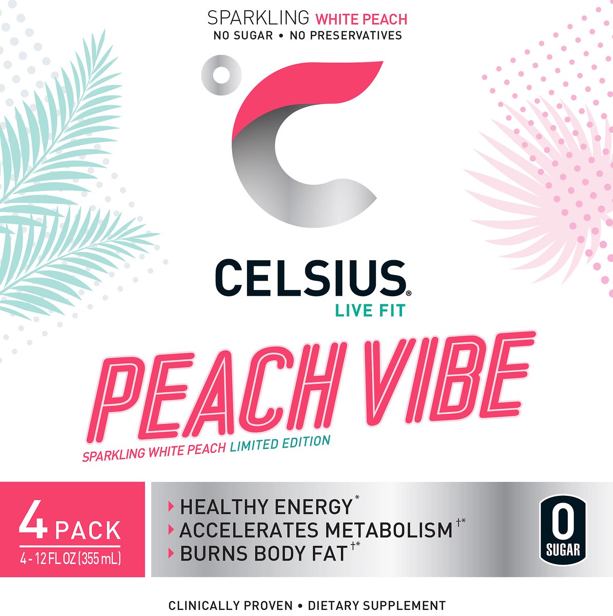 slide 7 of 7, CELSIUS Sparkling Peach Vibe Energy Drink, 4 ct; 12 fl oz