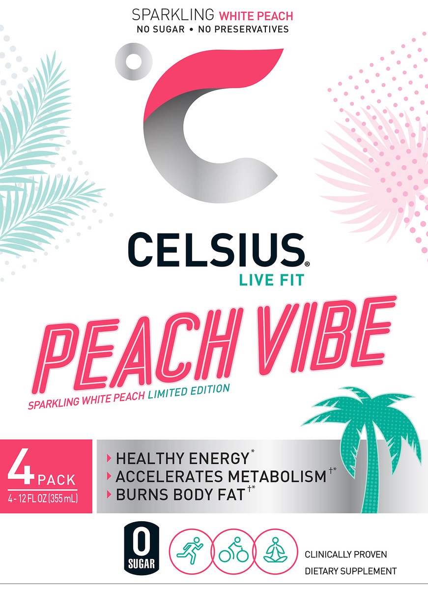 slide 1 of 7, CELSIUS 4 Pack Sparkling Peach Vibe Energy Drink 4 ea, 4 ct