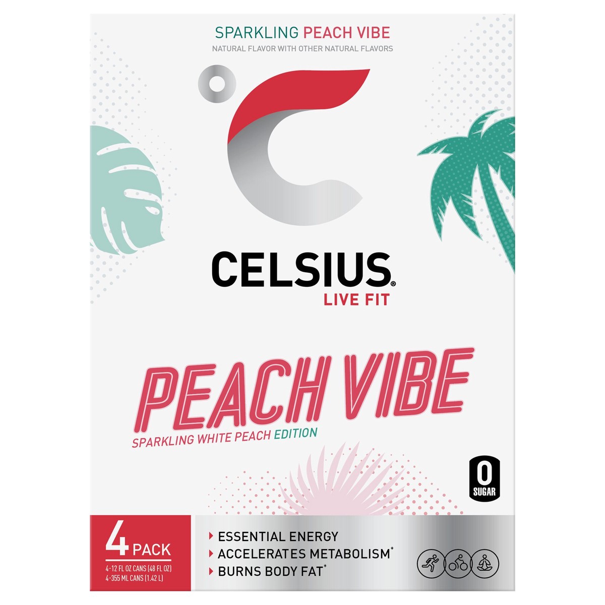 slide 1 of 7, CELSIUS Sparkling Peach Vibe, Functional Energy Drink 12 Fl Oz (Pack of 4), 4 ct; 12 fl oz