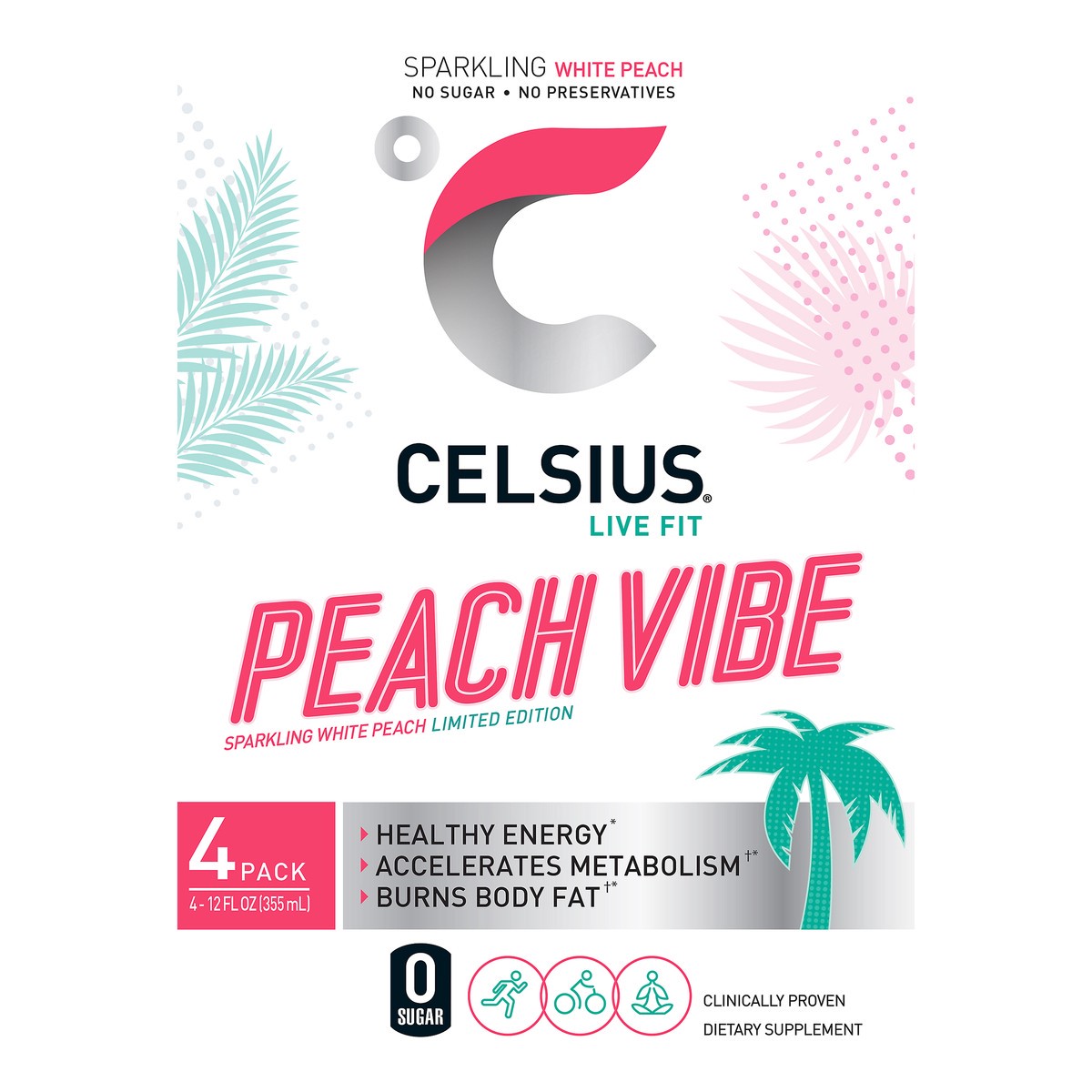 slide 1 of 7, CELSIUS Sparkling Peach Vibe Energy Drink, 4 ct; 12 fl oz