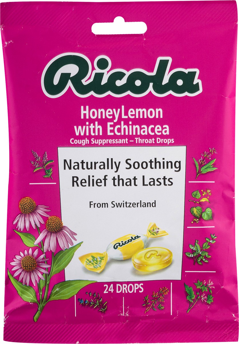 slide 9 of 9, Ricola Throat Drops, Cough Suppressant, Honey Lemon With Echinacea, 24 ct