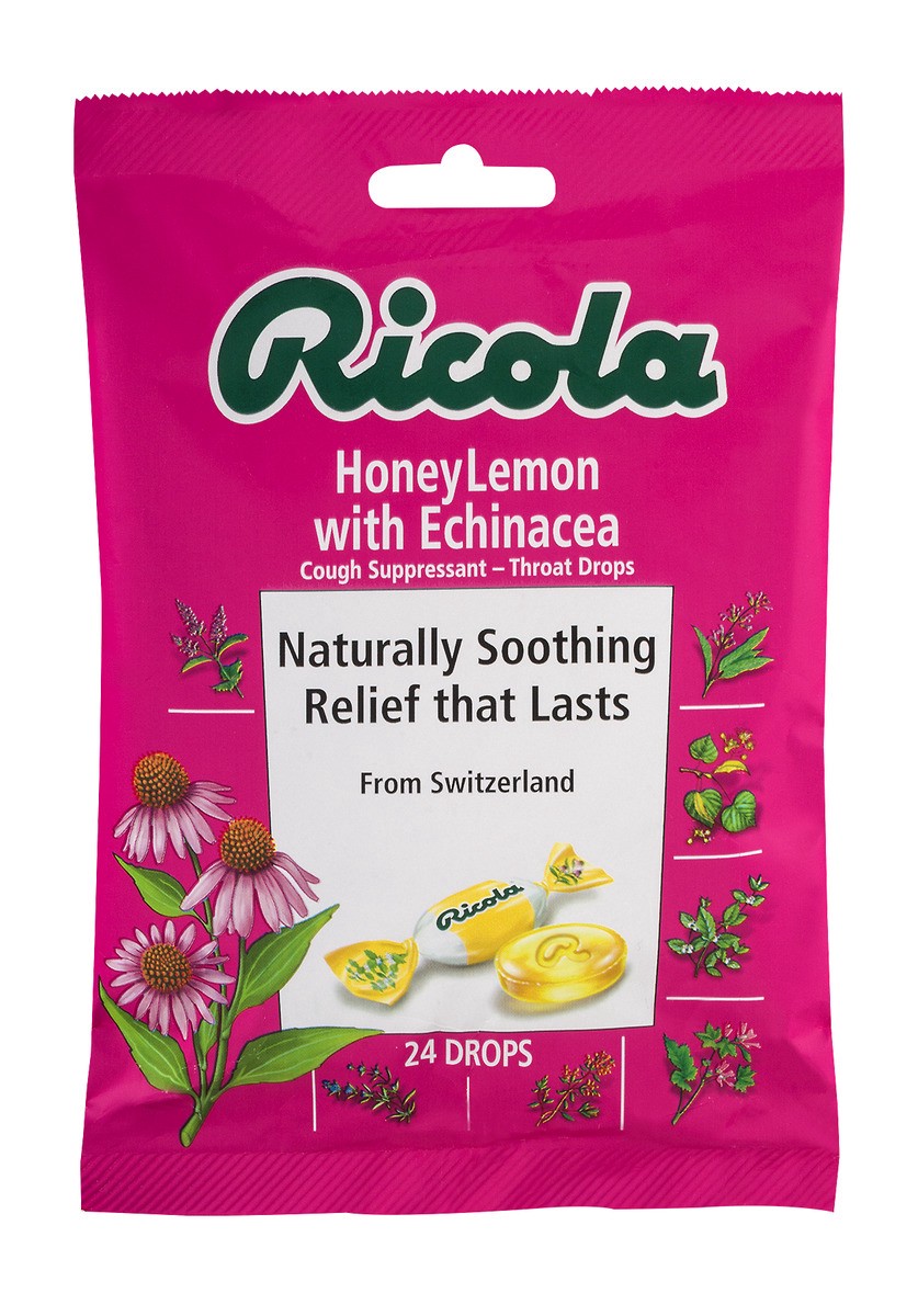 slide 1 of 9, Ricola Throat Drops, Cough Suppressant, Honey Lemon With Echinacea, 24 ct