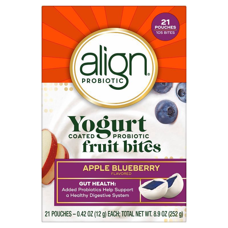 slide 7 of 10, Align, Yogurt Coated Probiotic Fruit Bites, Added Probiotic Helps Support Digestive Health, From the Makers of the #1 Doctor Recommended Probiotic Brand‡, Apple Blueberry Flavored, 21 Individually Wrapped Pouches, 105 Bites, 21 ct