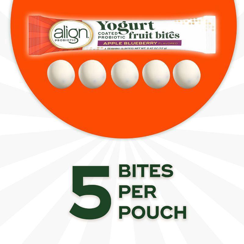 slide 2 of 10, Align, Yogurt Coated Probiotic Fruit Bites, Added Probiotic Helps Support Digestive Health, From the Makers of the #1 Doctor Recommended Probiotic Brand‡, Apple Blueberry Flavored, 21 Individually Wrapped Pouches, 105 Bites, 21 ct
