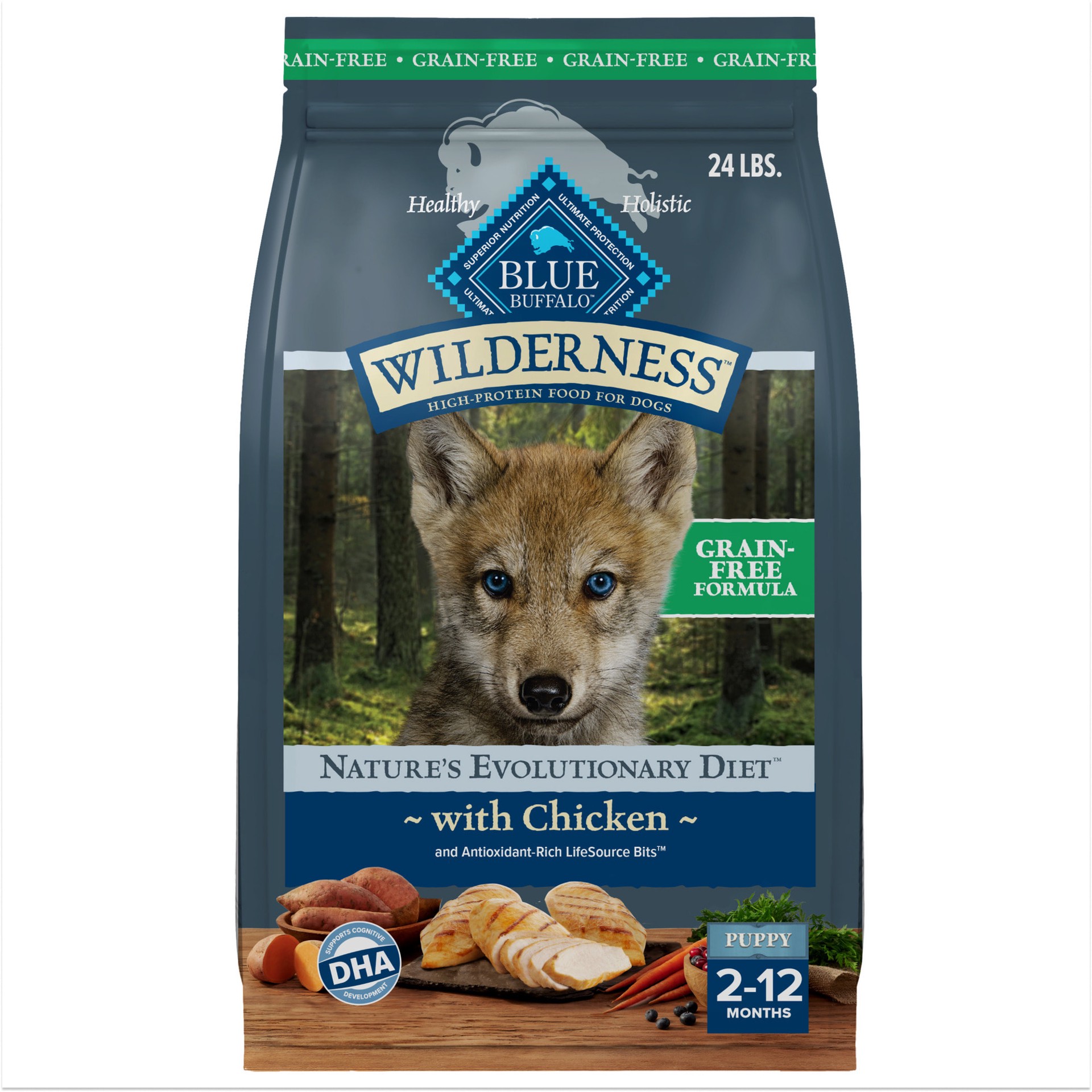 slide 1 of 12, Blue Buffalo Wilderness High Protein, Natural Puppy Dry Dog Food, Chicken 24-lb, 24 lb