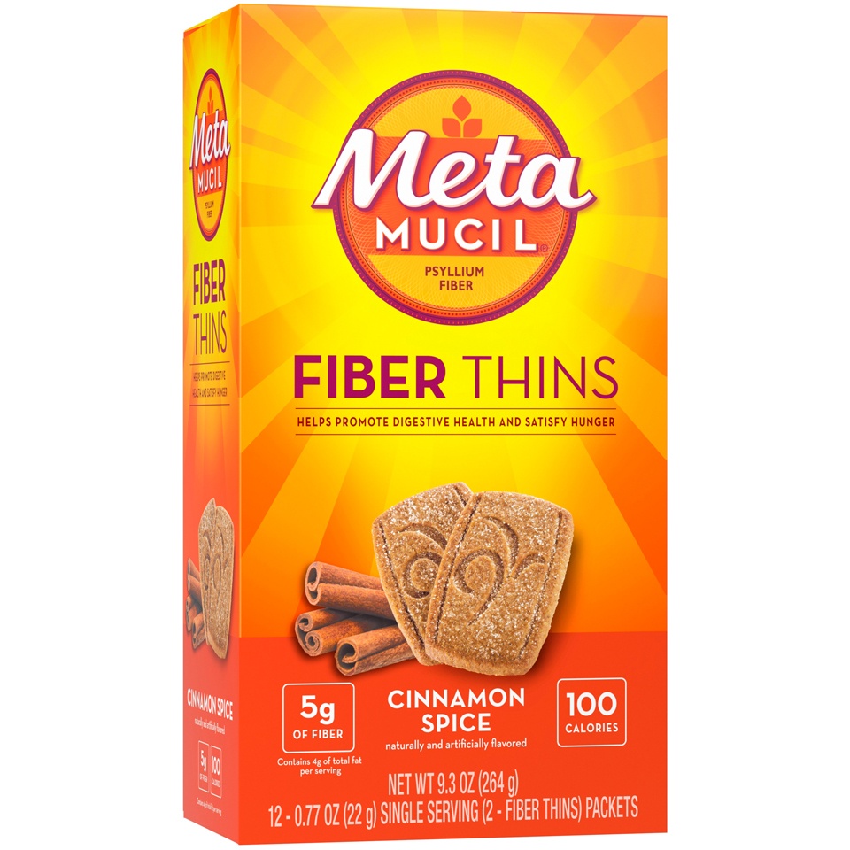 slide 2 of 3, Metamucil Fiber Thins, Daily Fiber Supplement Snack, Psyllium Husk Powder, 5g Fiber per Serving, Supports Digestive Health and Satisfies Hunger, Cinnamon Spice Flavor, 12 Servings, 12 ct