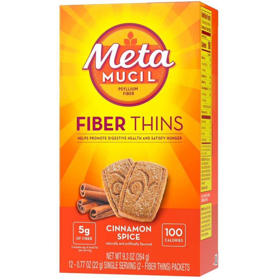 slide 3 of 3, Metamucil Fiber Thins, Daily Fiber Supplement Snack, Psyllium Husk Powder, 5g Fiber per Serving, Supports Digestive Health and Satisfies Hunger, Cinnamon Spice Flavor, 12 Servings, 12 ct