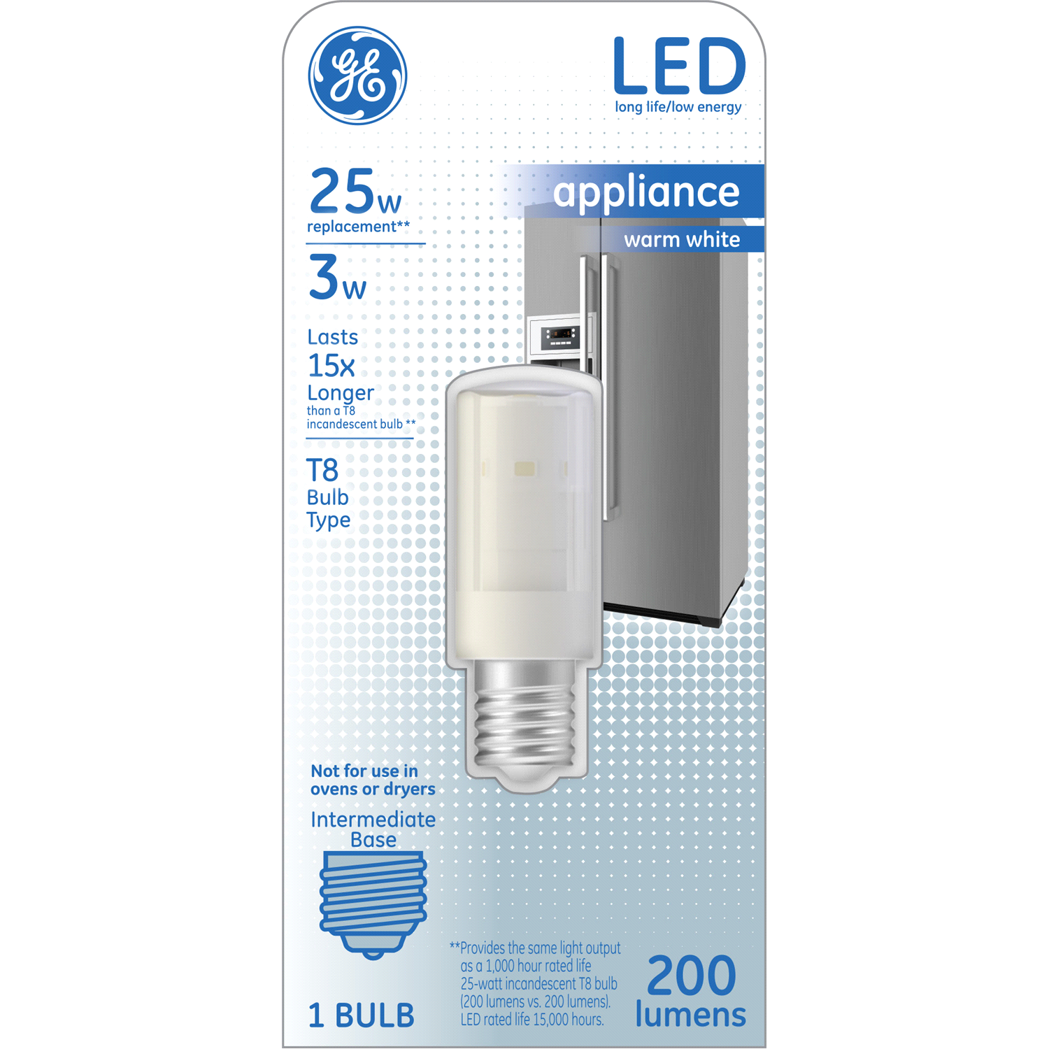 slide 1 of 2, GE 25 W Equivalent Warm White T8 LED Appliance Light Bulb, 1 ct