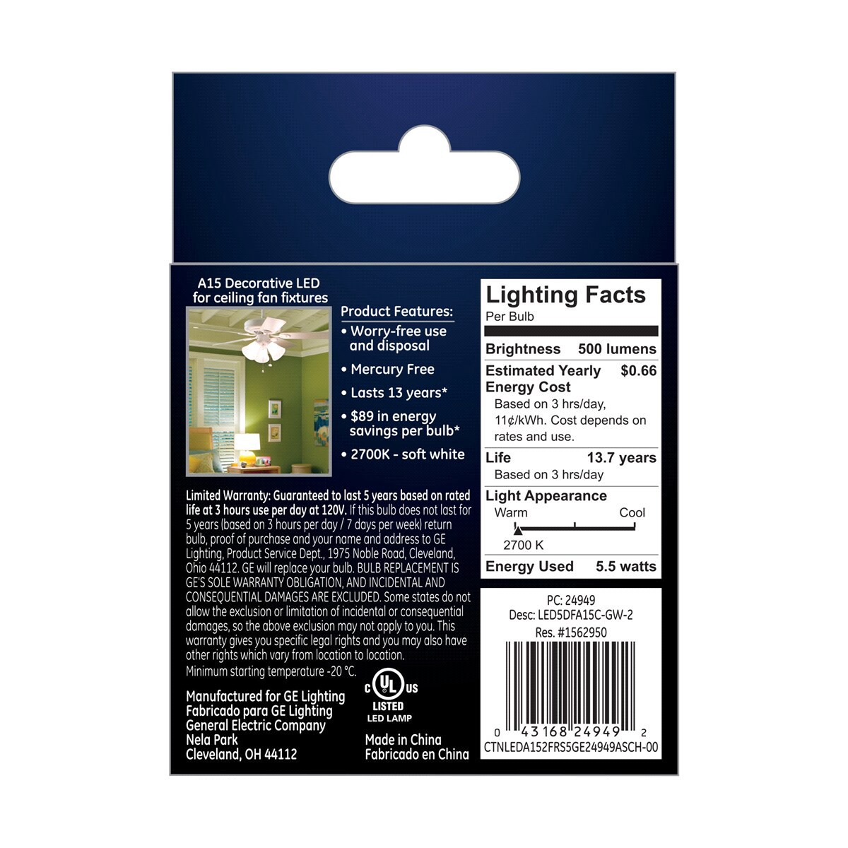 slide 2 of 2, GE LED 60Watt A15 CAC Ceiling Fan Light Bulb - Soft White, 2 ct