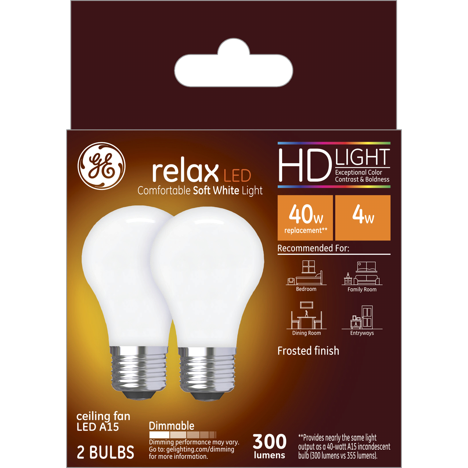 slide 1 of 2, GE Relax soft white hd 40watt equivalent a15 ceiling fan frost bulb LED, 2 ct