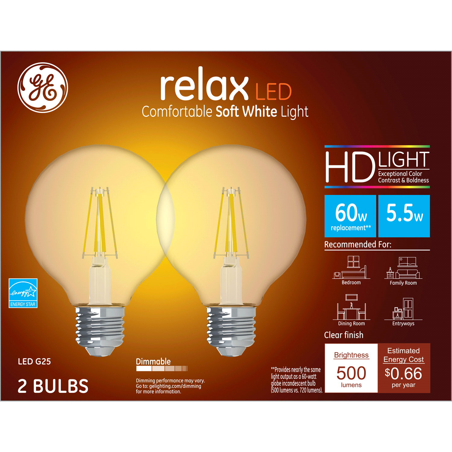 slide 1 of 2, GE Relax Soft White HD 60W Replacement LED Light Bulbs Decorative Globe Medium Base G25, 2 ct