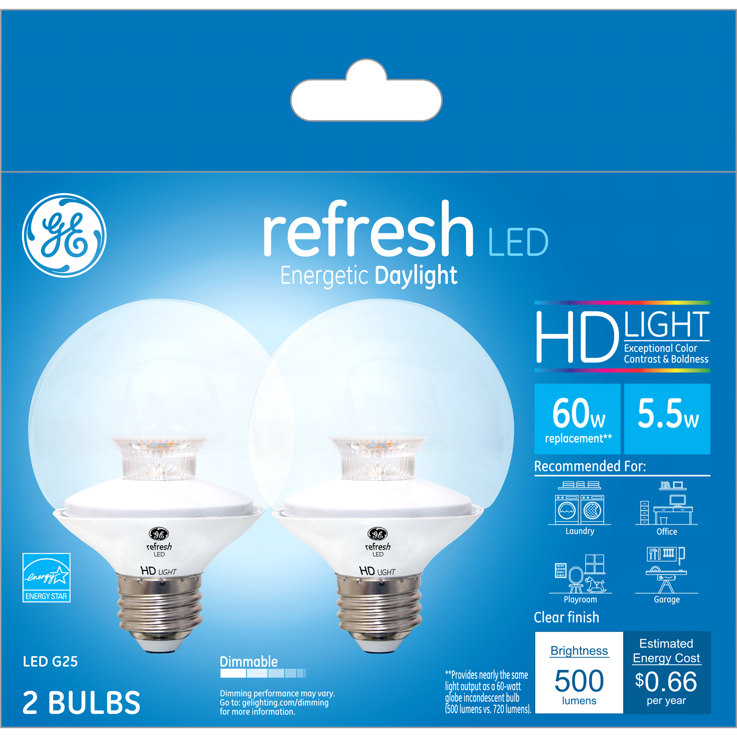 slide 1 of 2, Ge Refresh Led Hd 5.5W G25 Globe Clear 60Weq, 2 ct