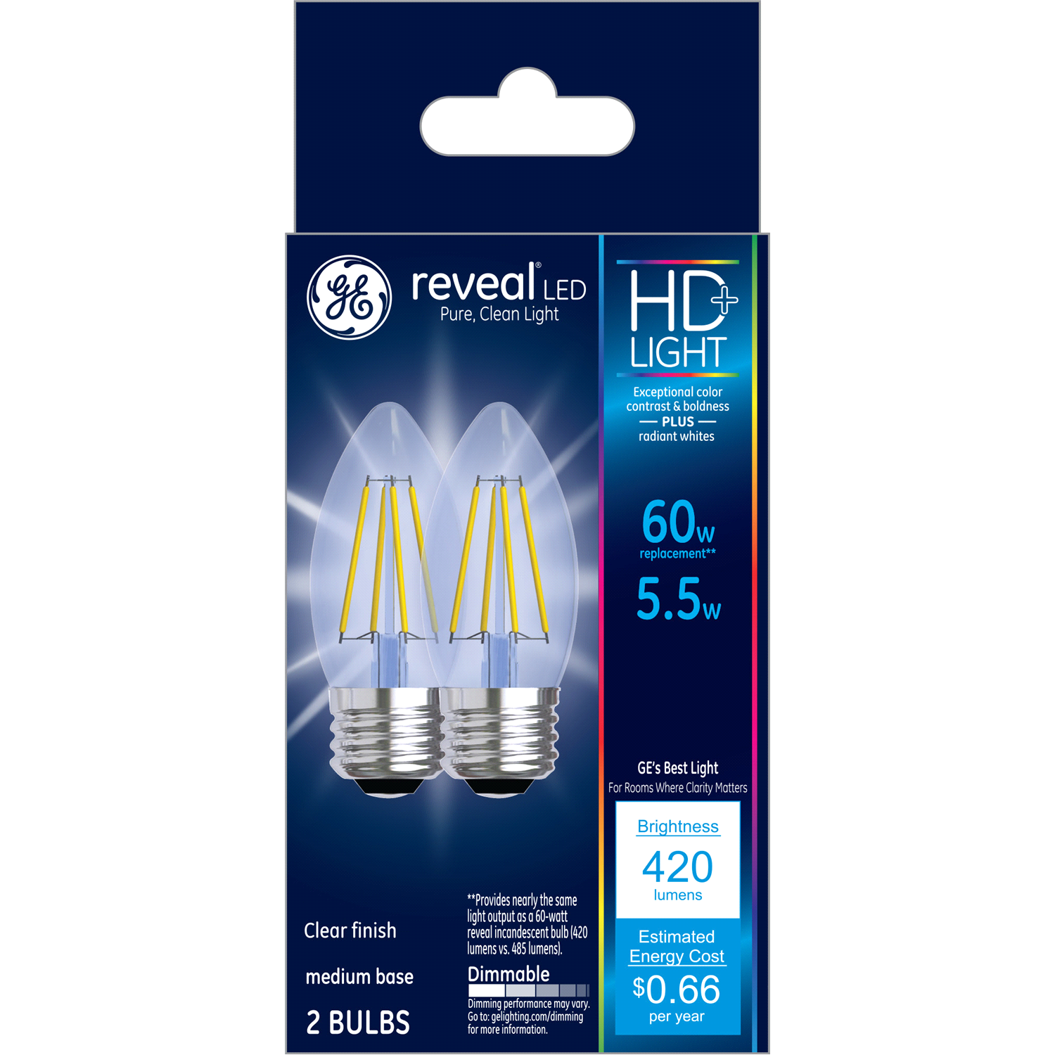 slide 1 of 2, Ge Reveal 5.5-Watt (60-Watt) Medium Base Blunt Tip Led Light Bulbs, 2 ct