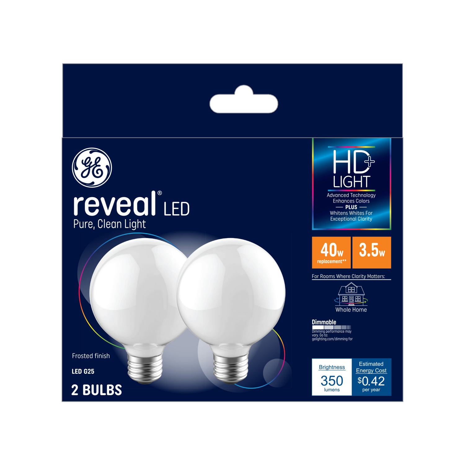 slide 1 of 2, Ge Reveal Hd Led 40W G25 Globe White Dim, 2 ct