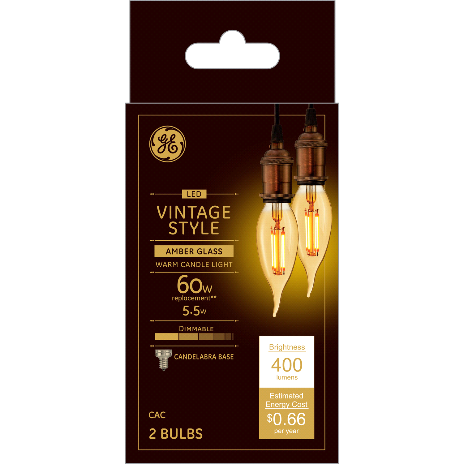 slide 1 of 2, GE LED Vintage Style Amber Glass Warm Candle Light 5.5 Watts Light Bulb 2 ea, 2 ct