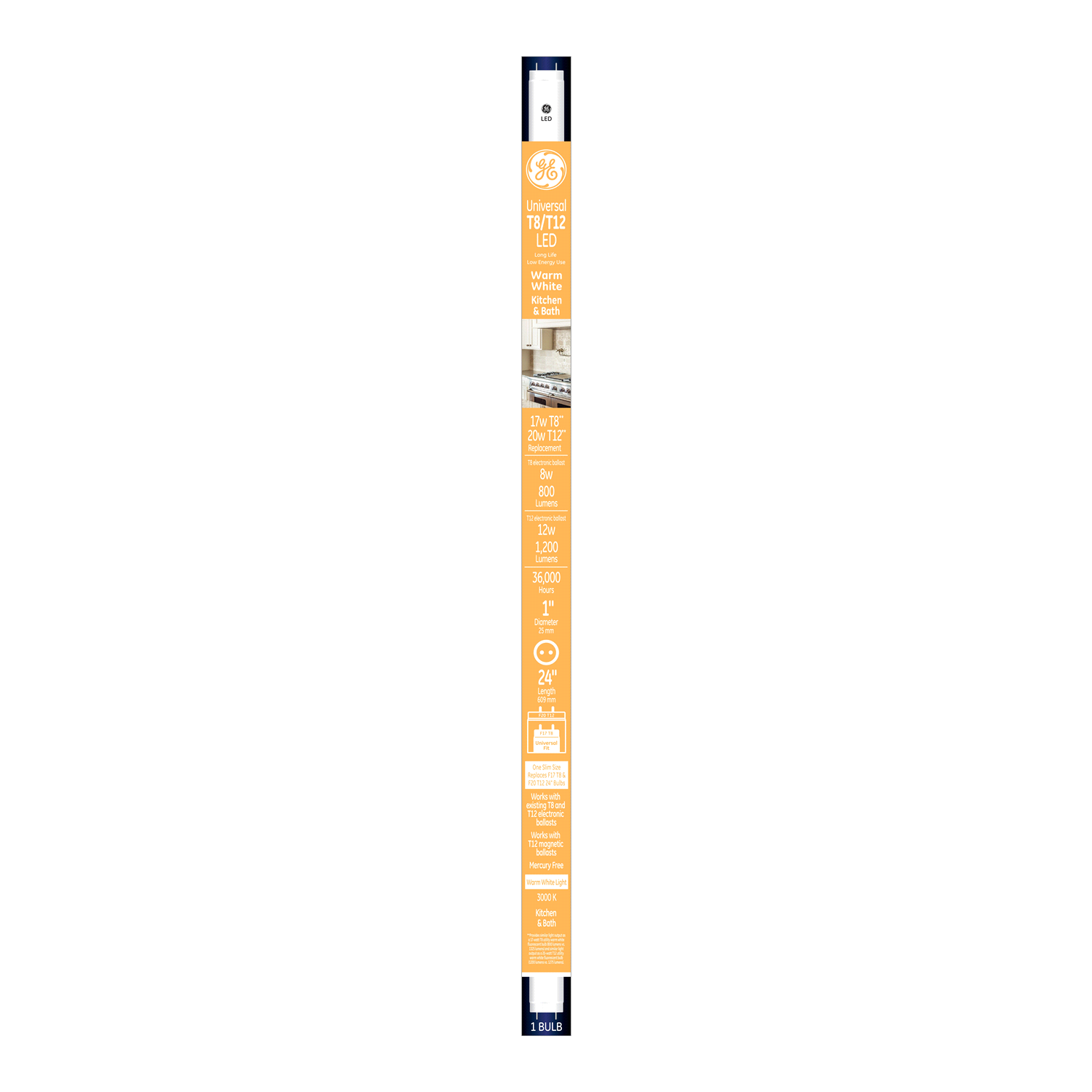slide 1 of 2, GE Warm White 17W T8/20W T12 Replacement LED 24" Universal Medium Bi-Pin Light Bulb, 1 ct