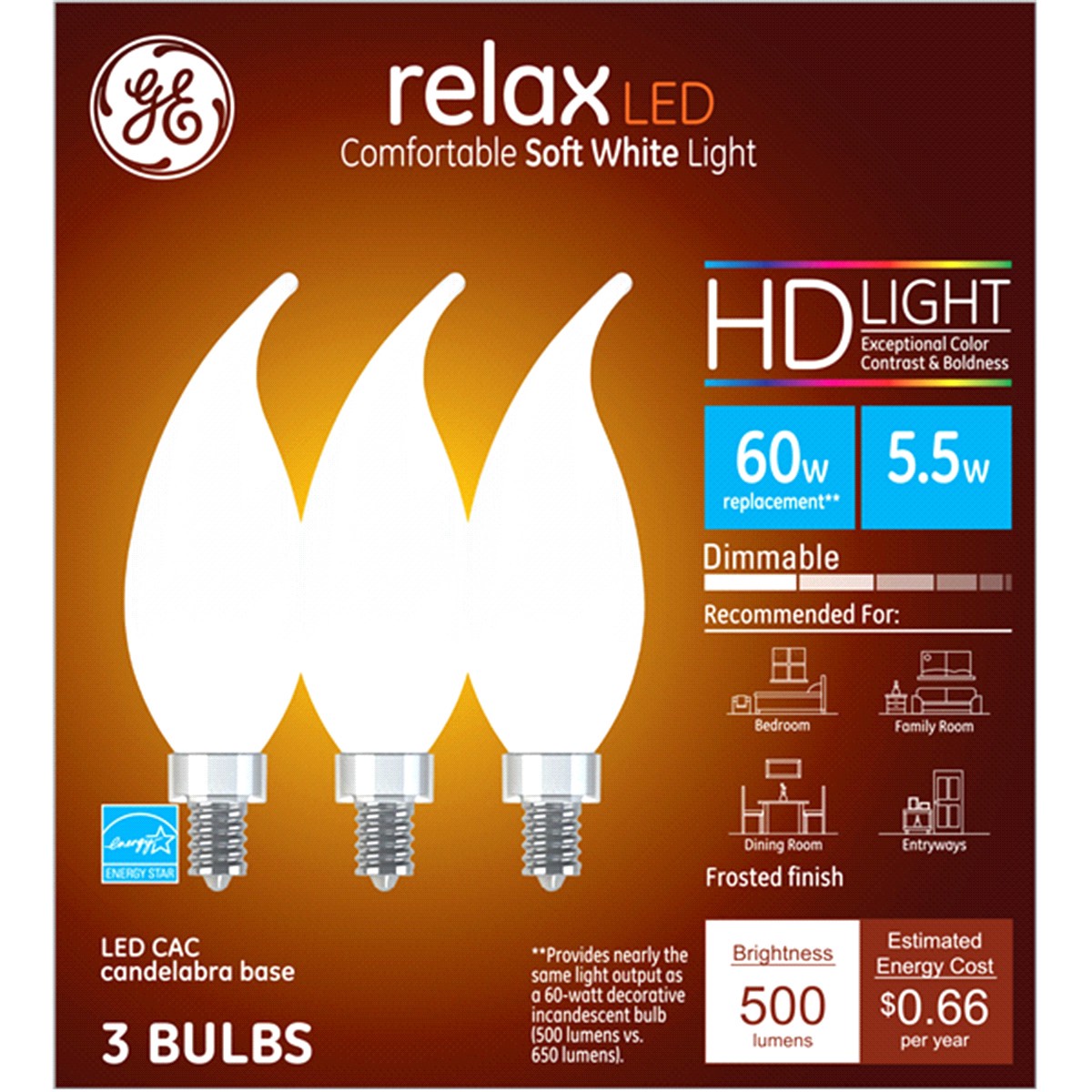 slide 1 of 2, Ge Relax Led Hd 60W Cac Deco Dim Frst Bent Tip, 3 ct