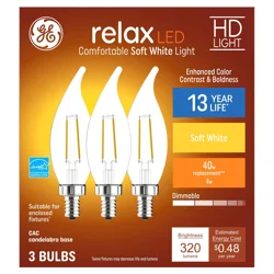 GE Relax HD Soft White 40W LED Clear Decorative Bent Tip Candelabra Base CAC Light Bulbs