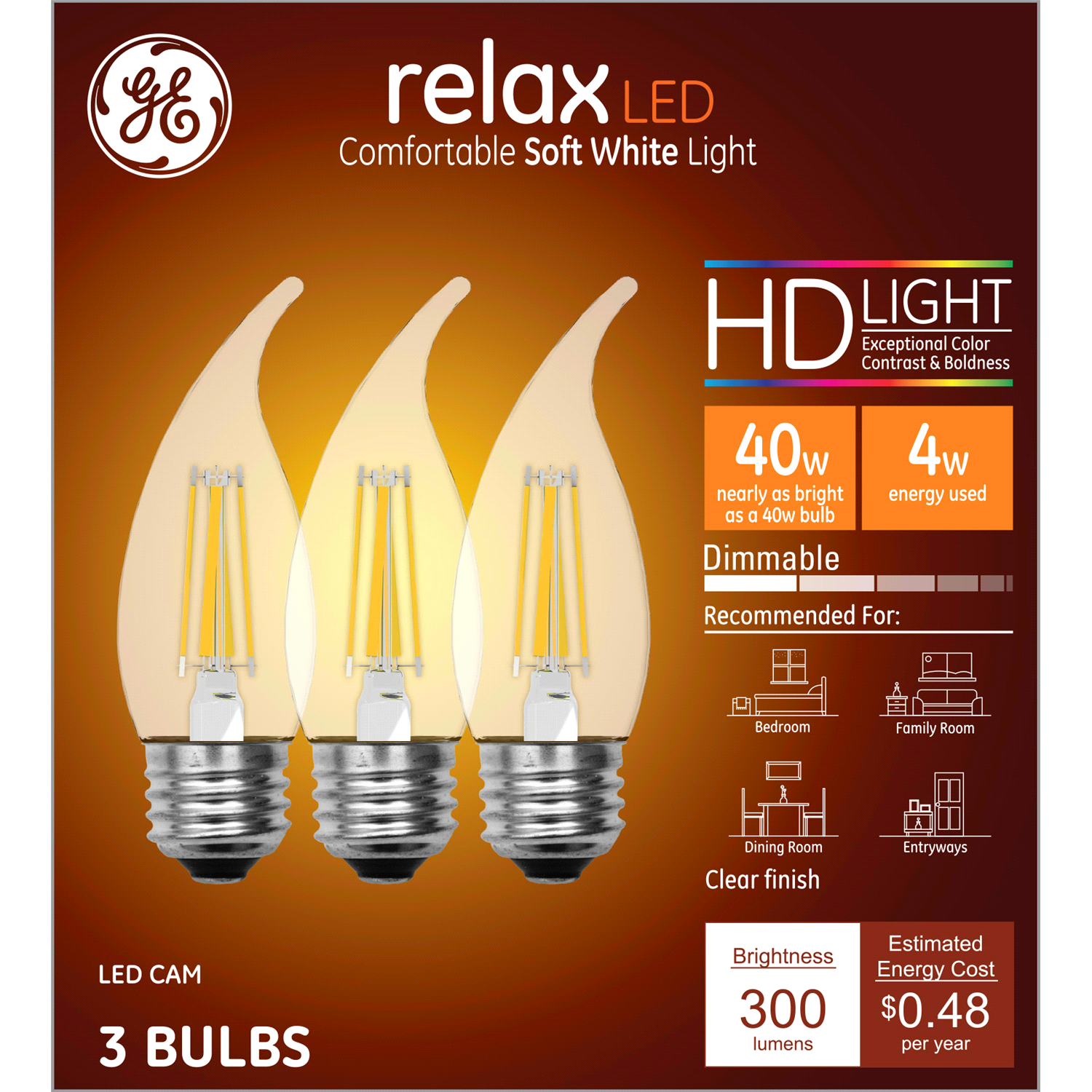 slide 1 of 2, Ge Relax Led Hd 40W Cam Deco Dim Clr Bent Tip, 3 ct