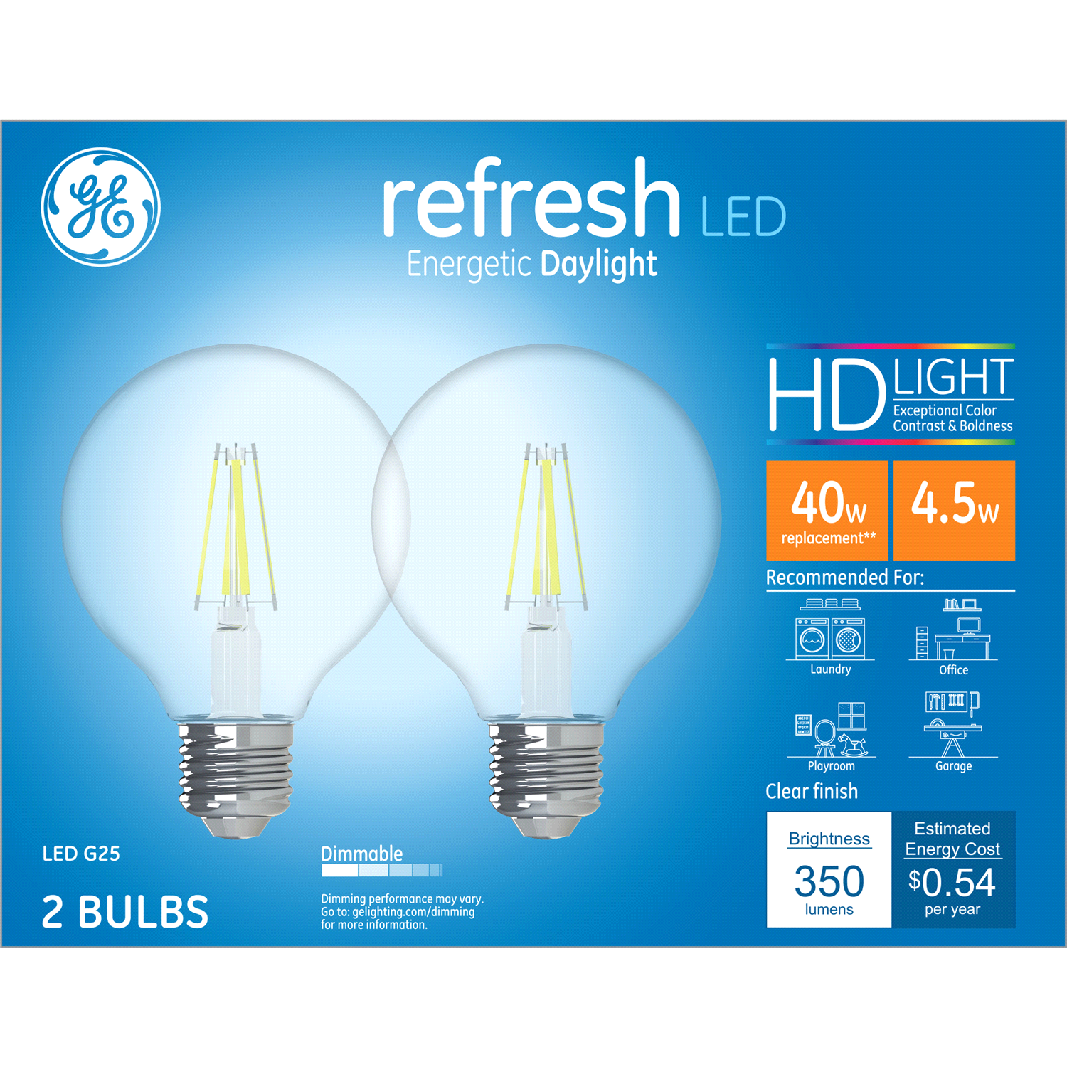 slide 1 of 2, GE Refresh 40 Watt Equivalent Dimmable Daylight G25 Led Light Fixture Light Bulbs, 2 ct