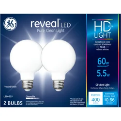 GE Reveal HD LED 60W EQ G25 White Globe Dimmable Light Bulb 2-Pack