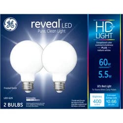 GE Reveal HD LED 60W EQ G25 White Globe Dimmable Light Bulb 2-Pack