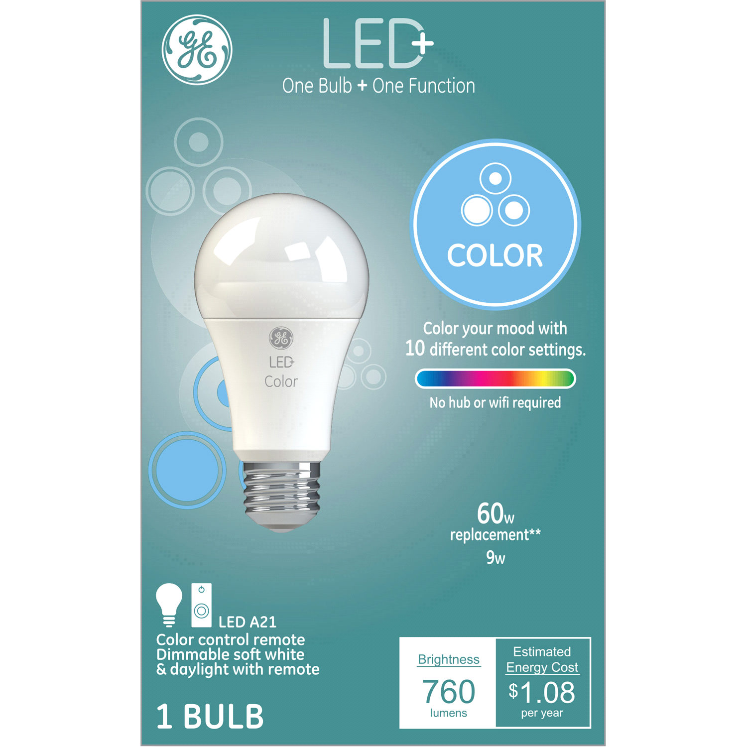 slide 1 of 2, GE 9.5 Watts Color LED+ Light Bulb 1 ea, 1 ct